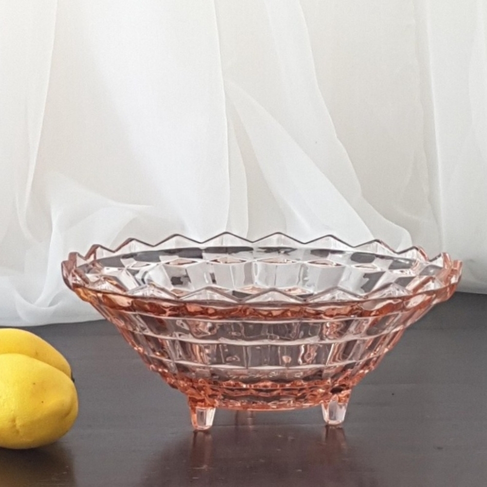 1930s Pink Depression Glass Fruit Bowl: Jeannette Cube Footed Serving Bowl